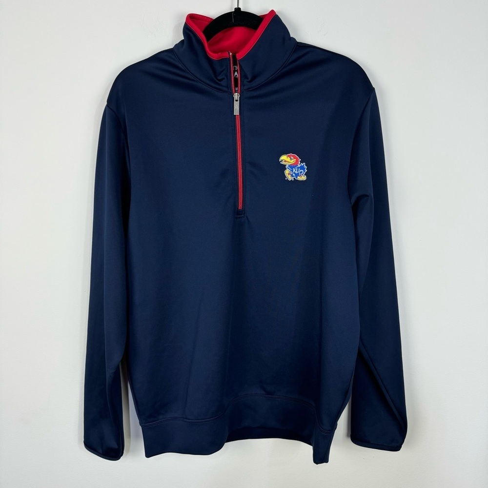 Antigua Navy Blue and Red Kansas Jayhawks Quarter-Zip Performance Jacket